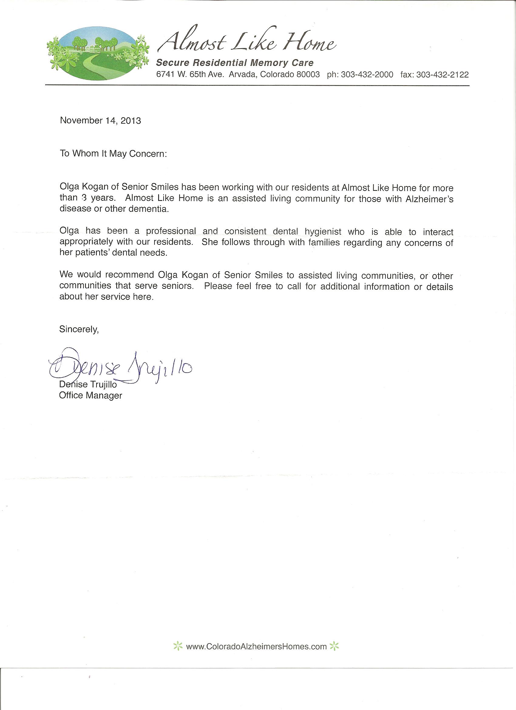 Signed recommendation letter from memory care facility