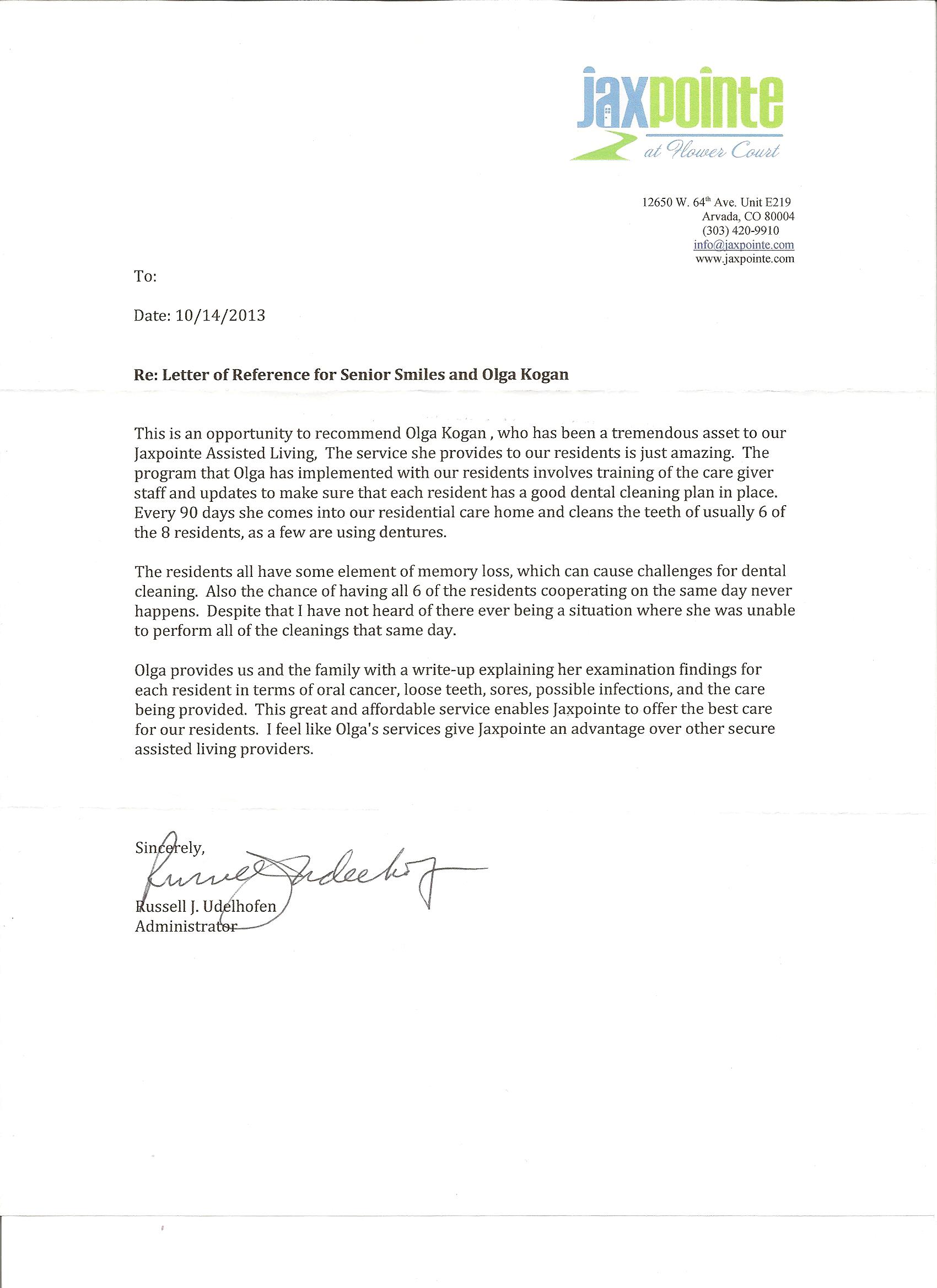 Scanned recommendation letter on Jaxpointe letterhead