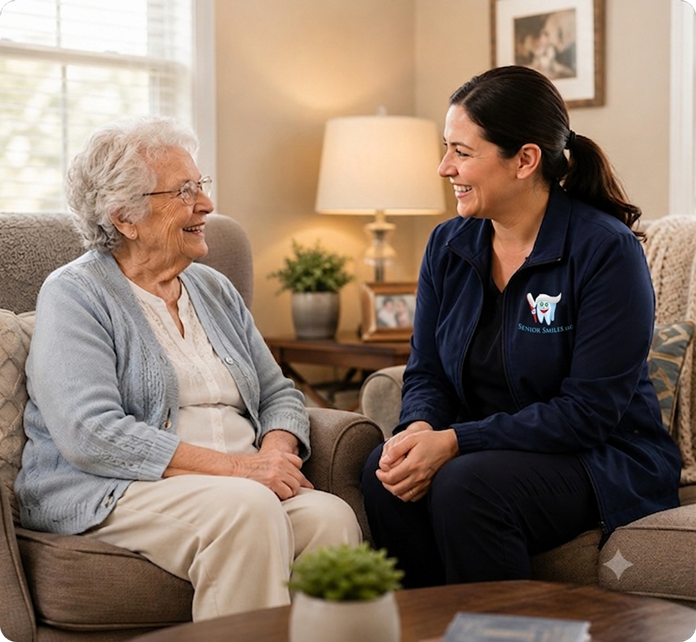 Home caregiver smiling with elderly woman
